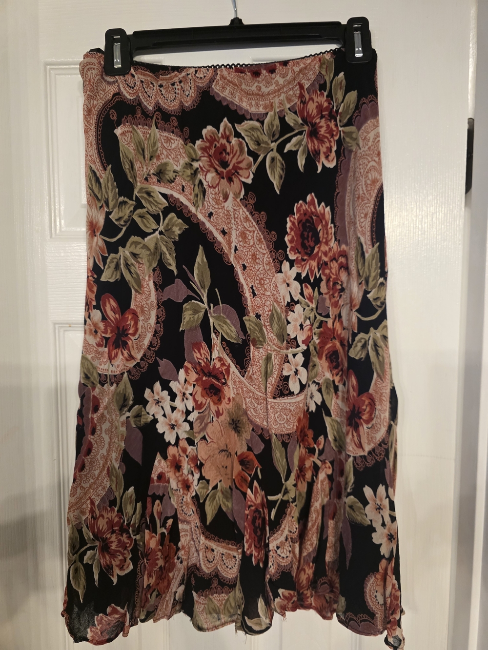 Y2K Floral Paisley Midi Skirt in Black and Rust-Tone